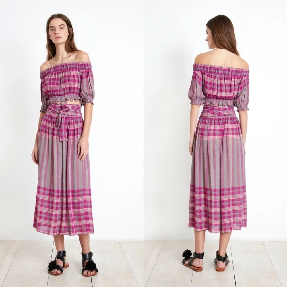 FULL SET Matching Set Apiece Apart Plaid Midi Skirt & Off the Shoulder Crop Top